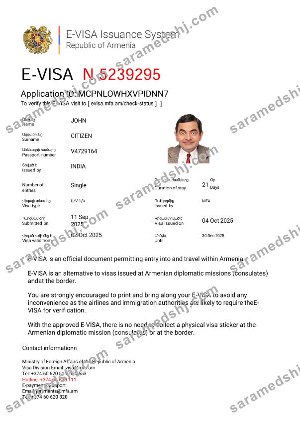 Armenia e-visa template in Word and PDF formats